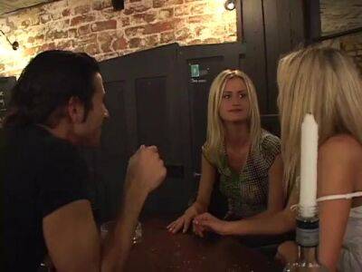 Lucky guy fucks blond twins in the bar and cums insider their pussies - sunporno.com