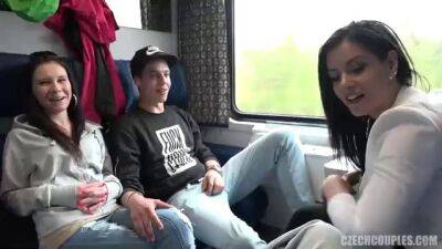 Two girls and two guys are having a foursome in the public train and enjoying it - sunporno.com